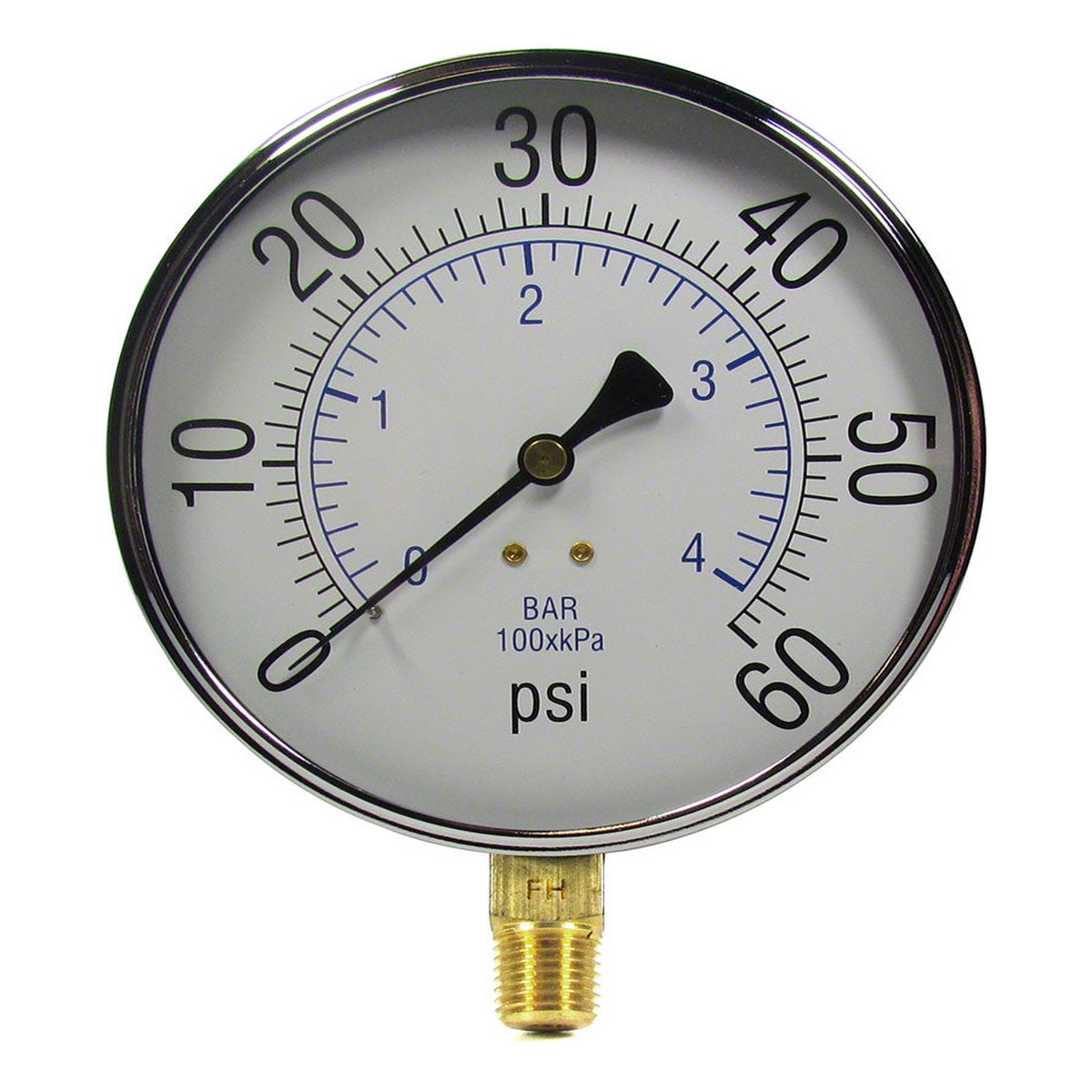 0 to 60 PSI Pressure Gauge - 1/4 Inch Bottom Mount - 4-1/2 Inch Face - Stainless Steel Case