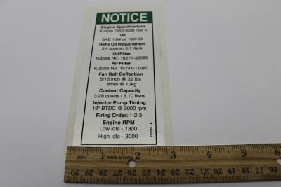 Genie Part # 107760GT – Decal, Kubota D905 Tier2, Specs