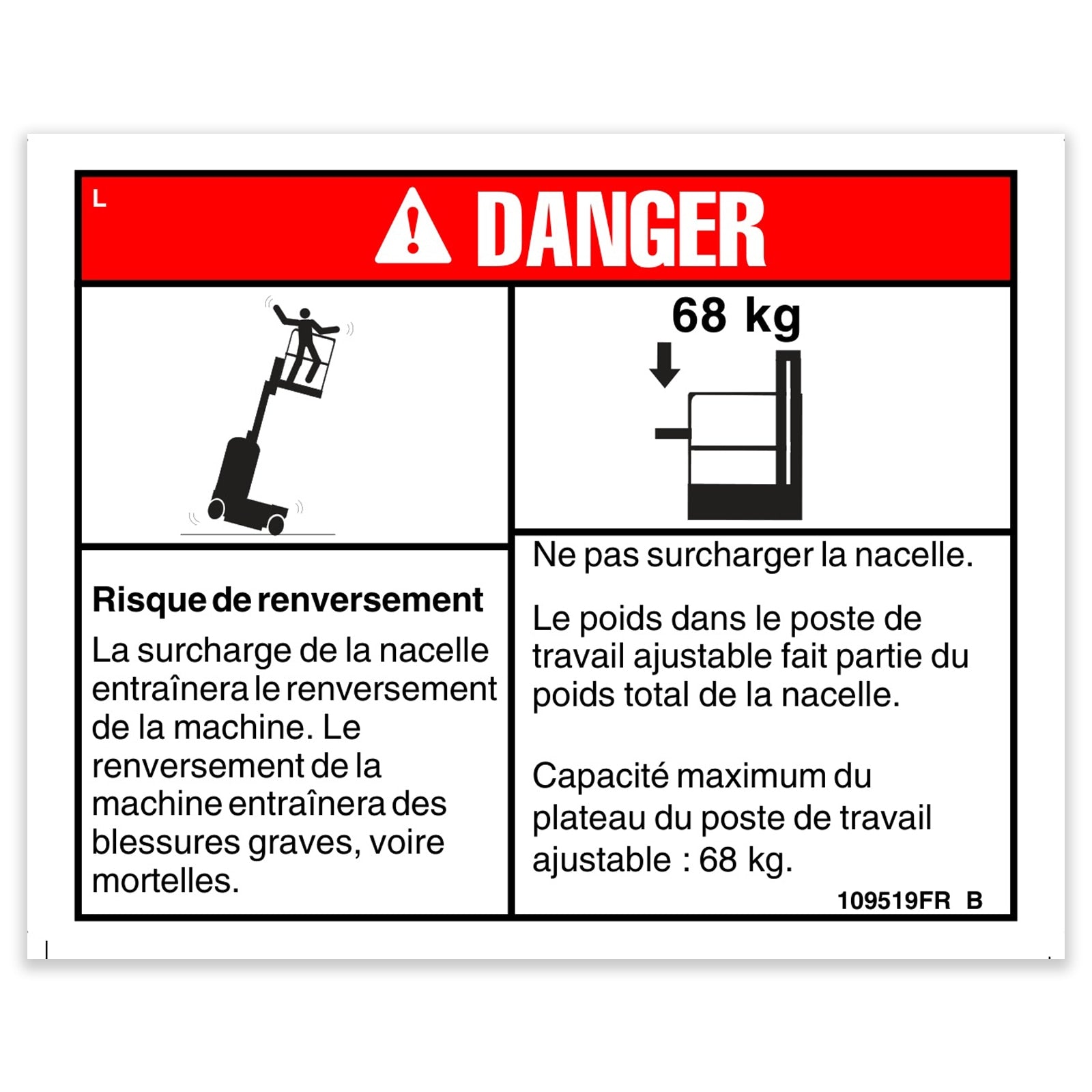 Genie Part # 109519FRGT – Decal, Danger, Max Cap Adj Tray