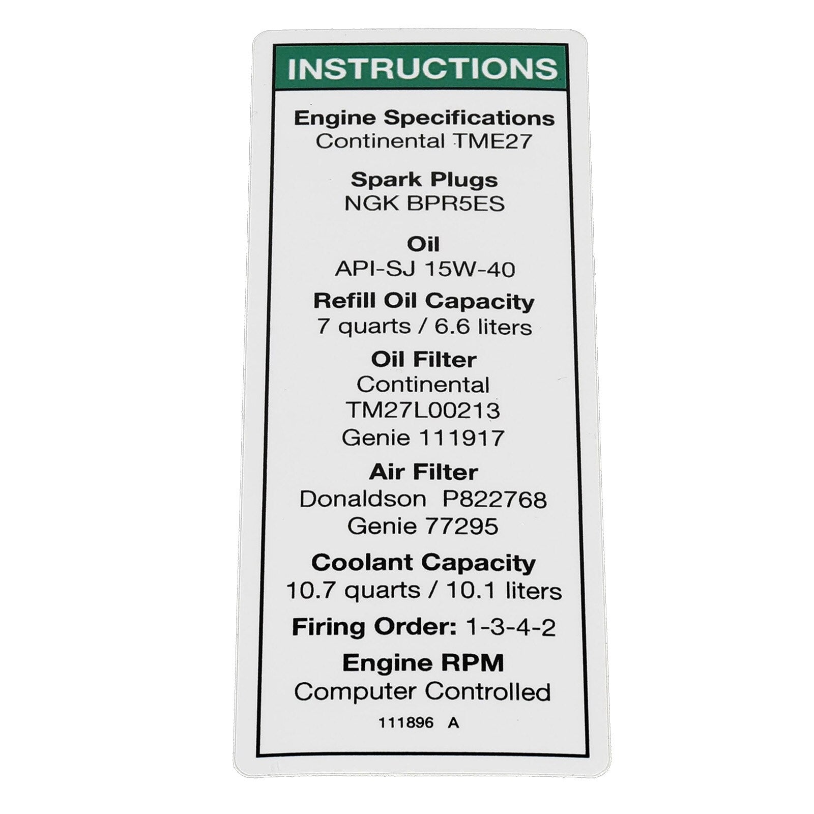 Genie Part # 111896GT – Decal, Eng. Specs, Continental