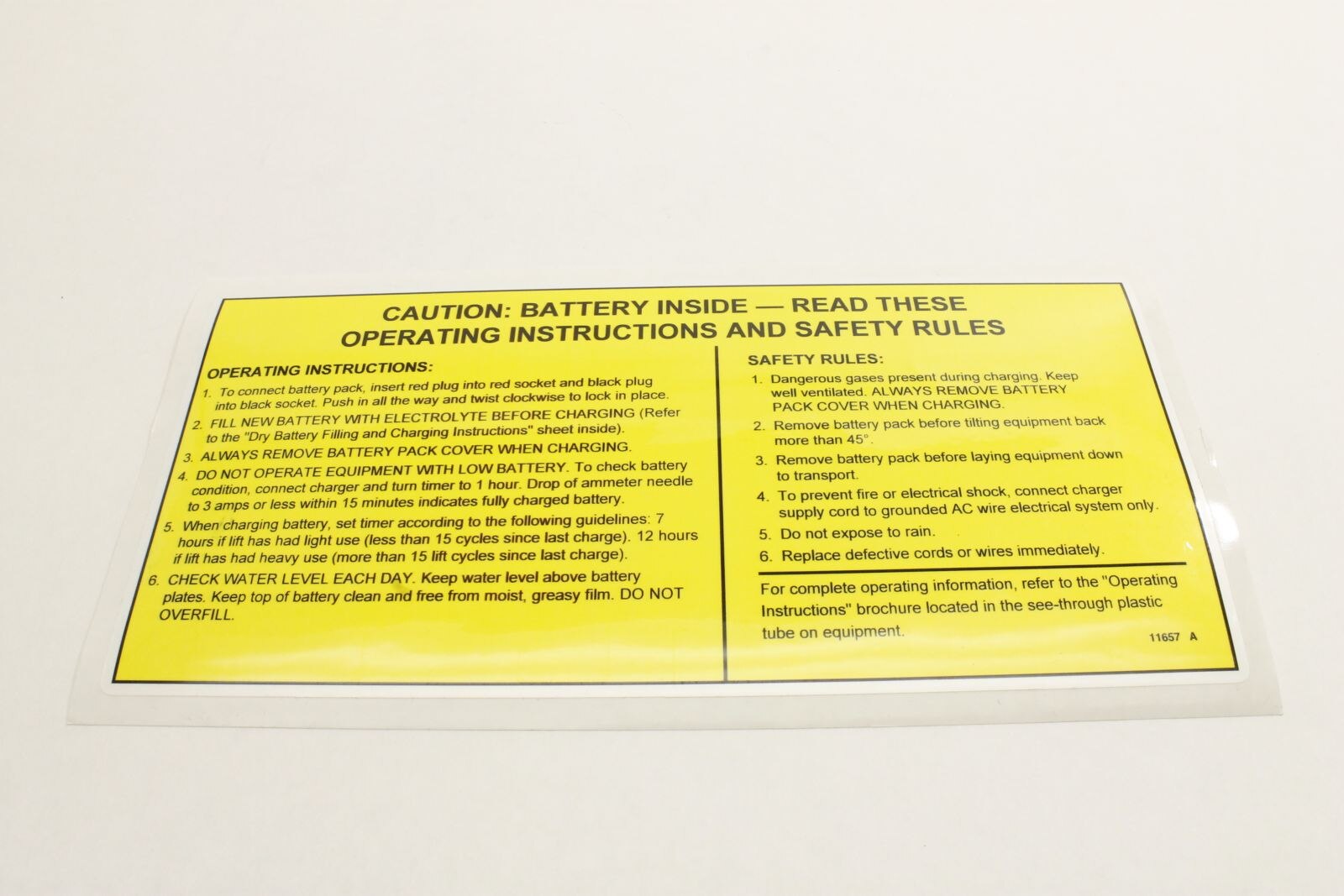 Genie Part # 11657GT – Decal, Caution Battery, Camlok