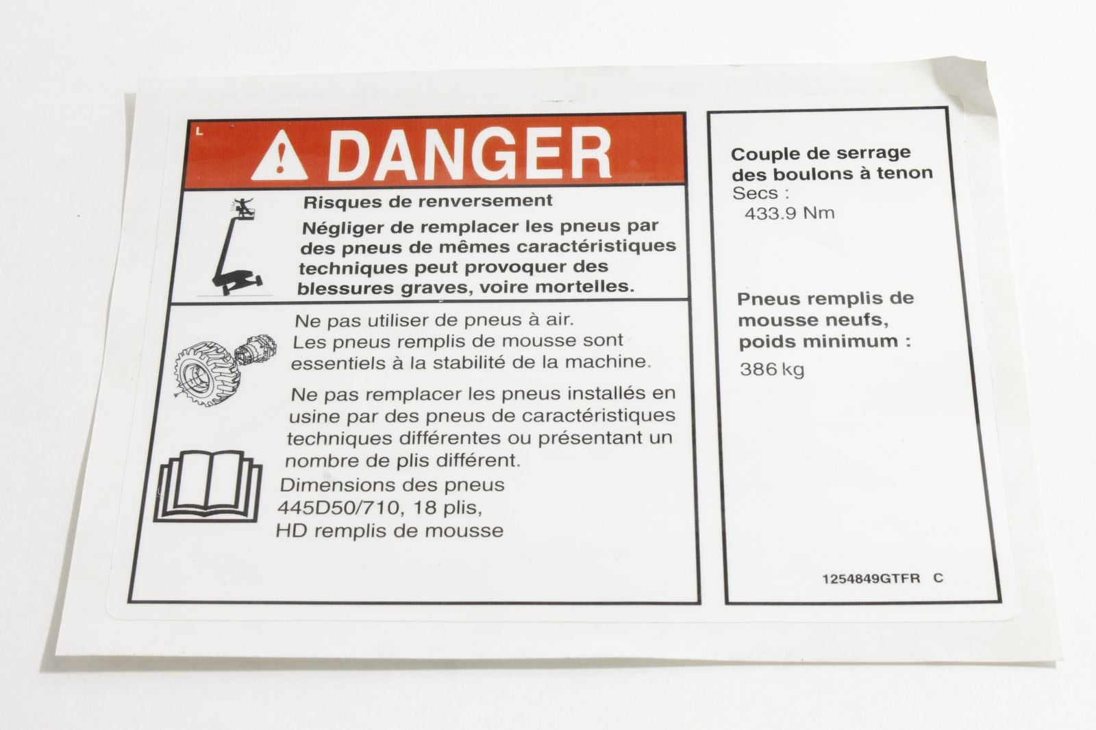Genie Part # 1254849FRGT – Decal, Danger/Notice, Tire Specs