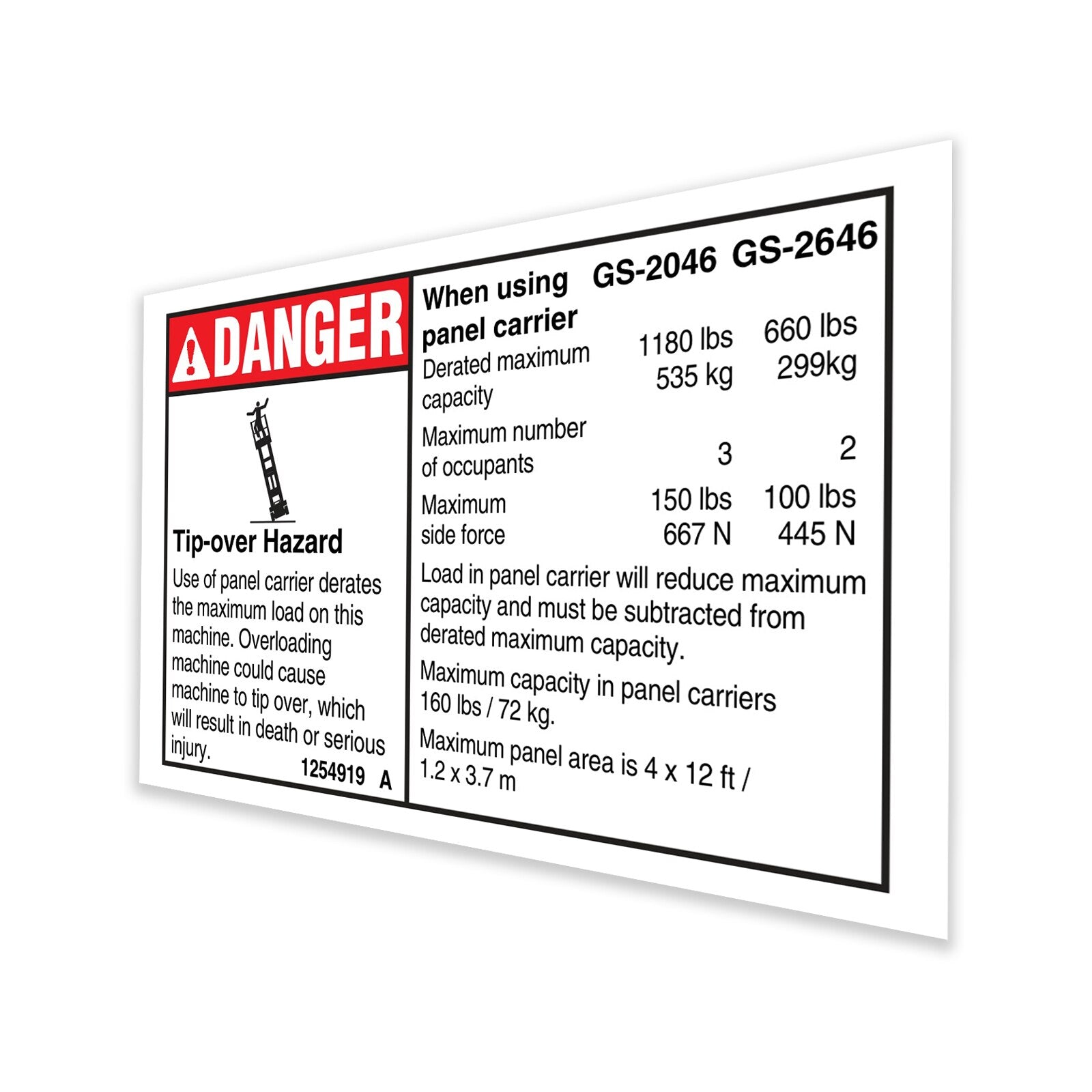 Genie Part # 1254919GT – Decal, Capacity, Panel Carrier Acc
