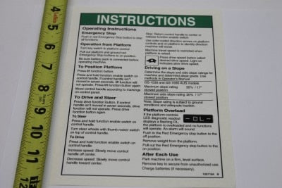 Genie Part # 1257184GT – Decal, Op Inst, Plat, GS30, AUS