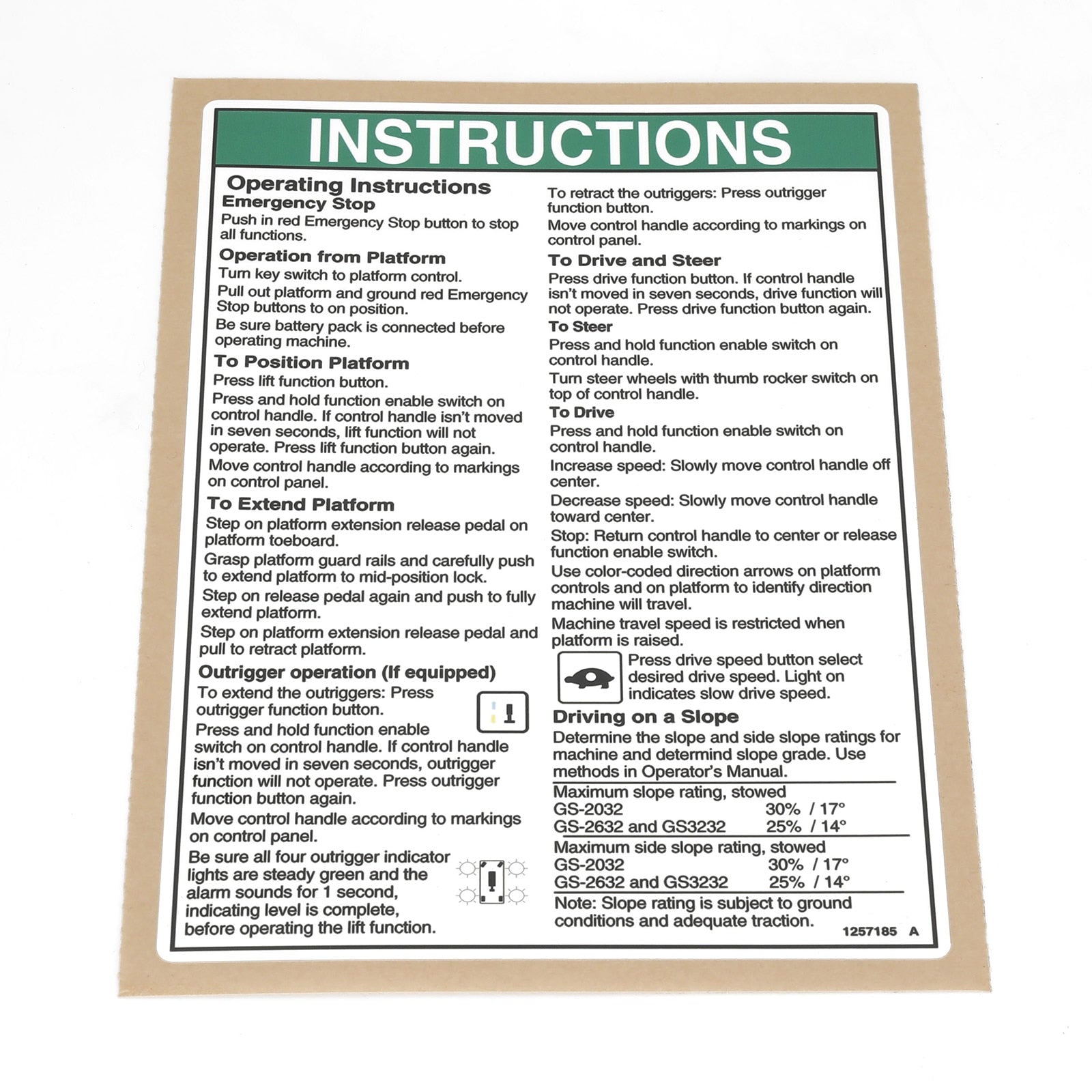 Genie Part # 1257185GT – Decal, Op Inst, Plat, GS32, ANSI
