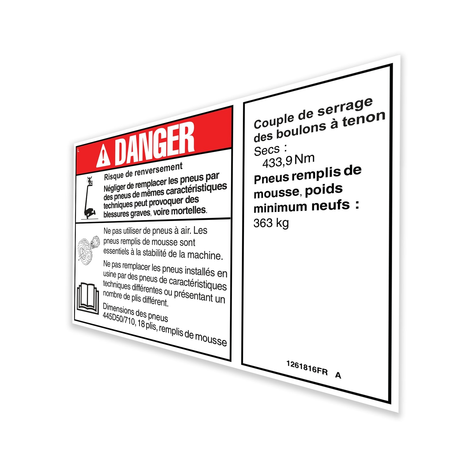 Genie Part # 1261816FRGT – Decal, Danger/Notice, Tirespecs