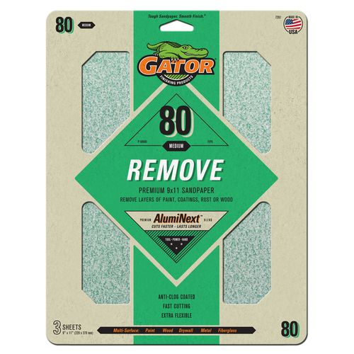 Gator?� Premium Sand Paper (80 Grit Medium 9" x 11") 3 Sheets