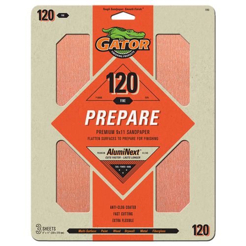 Gator?� Premium Sand Paper (120 Grit Fine - 9" x 11") 3 Sheets