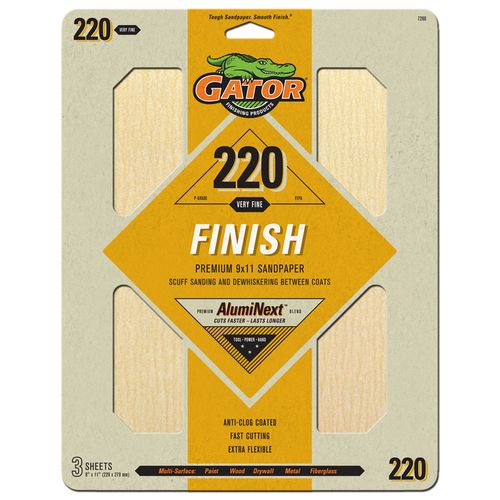 Gator?� Premium Sand Paper (220 Grit Very Fine - 9" x 11") 3 Sheets