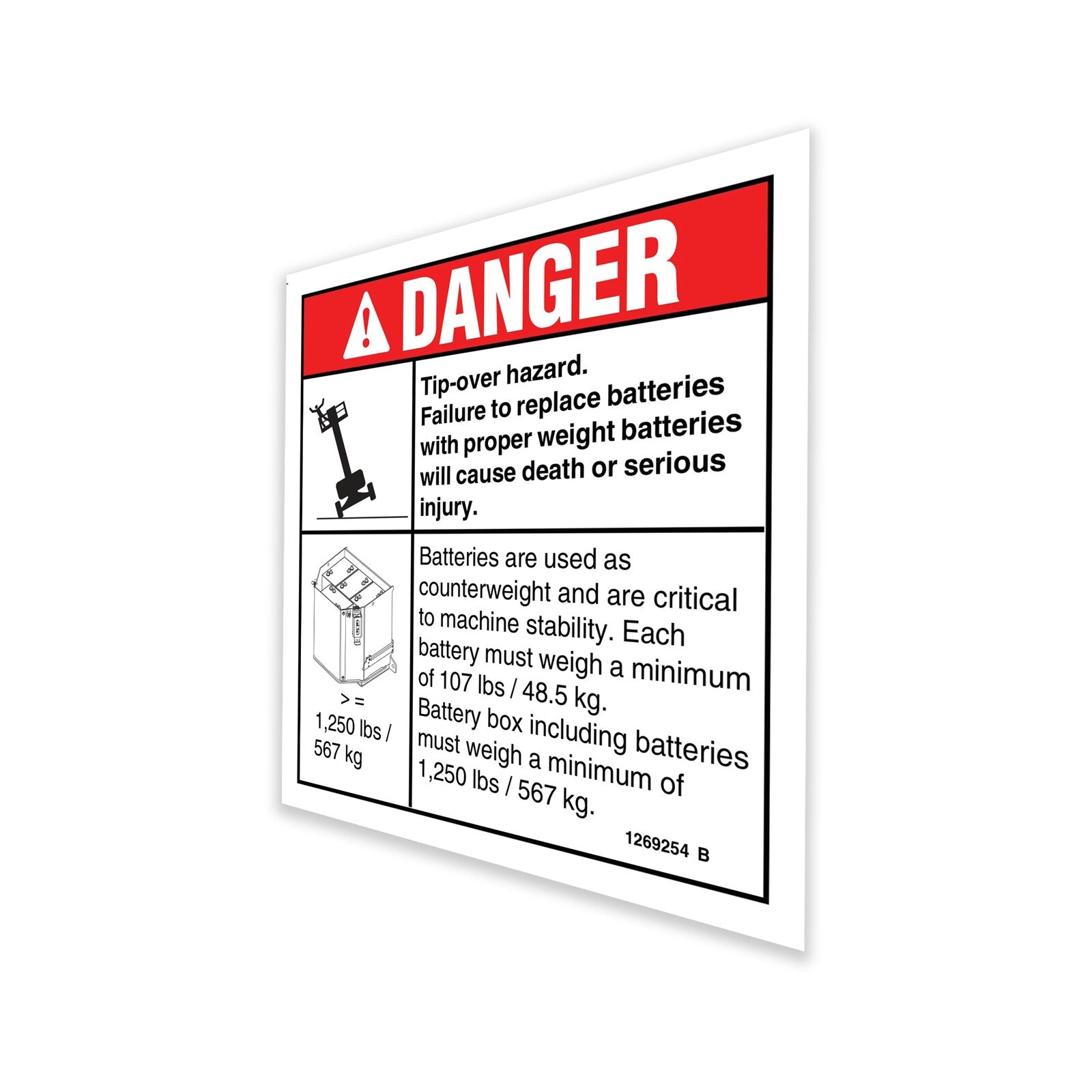 Genie Part # 1269254GT – Decal, Word, Batt Weight/Tip Over