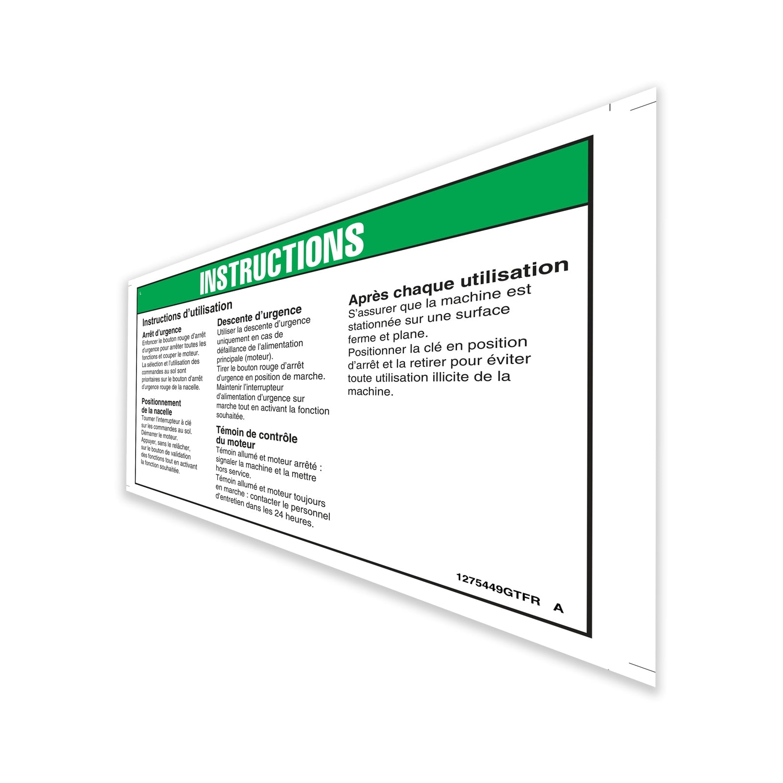 Genie Part # 1275449FRGT – Operator Instruction Decal