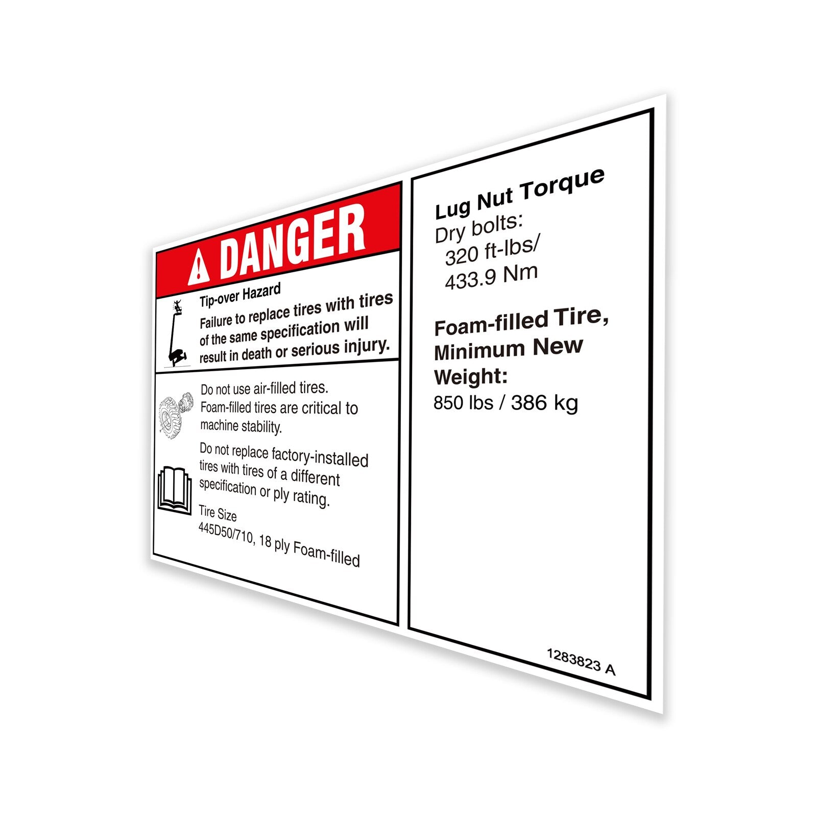 Genie Part # 1283823GT – Decal, Danger/Notice, Tirespecs, SX-125 XC