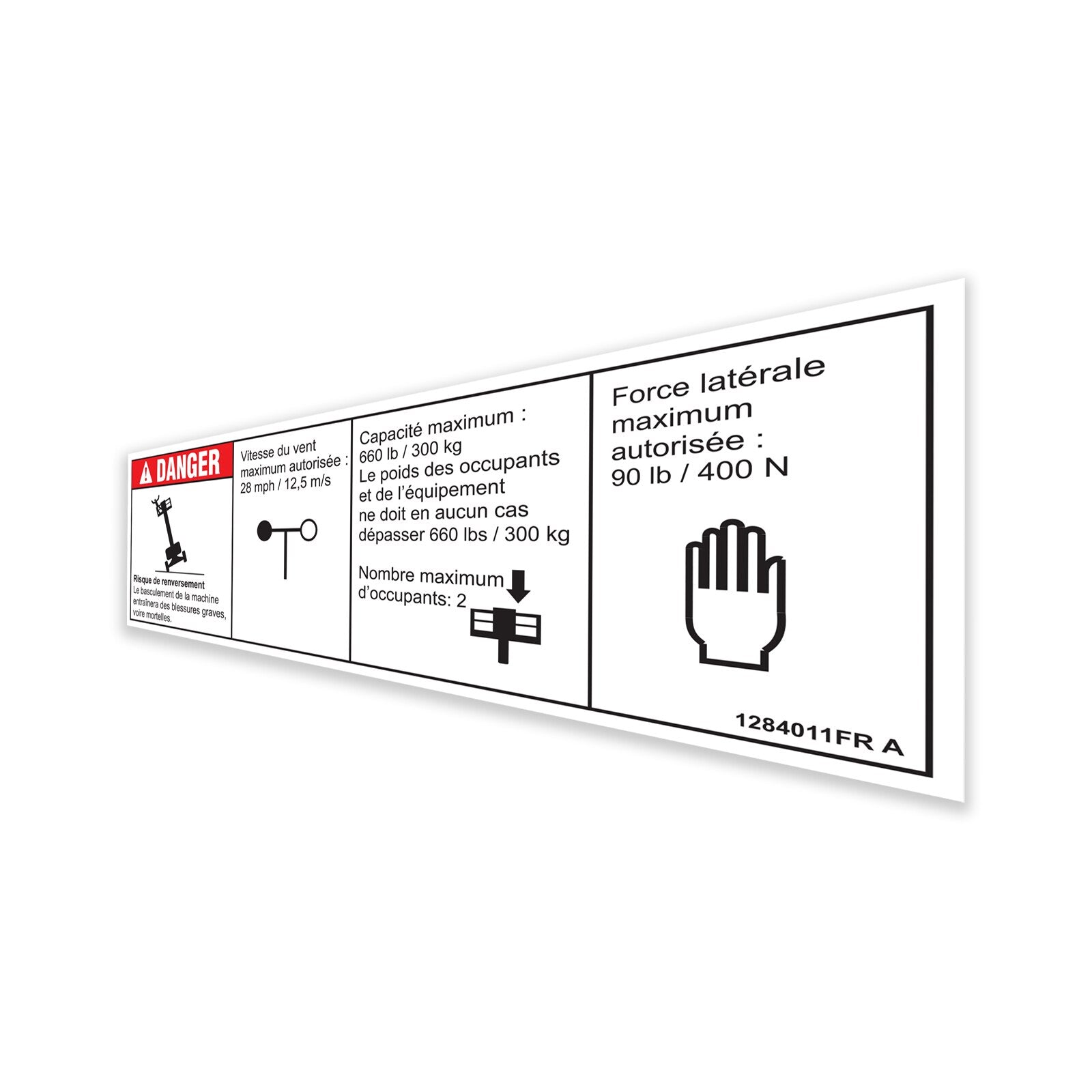 Genie Part # 1284011FRGT – Decal,Danger,Capacity S-60 J,Word,French