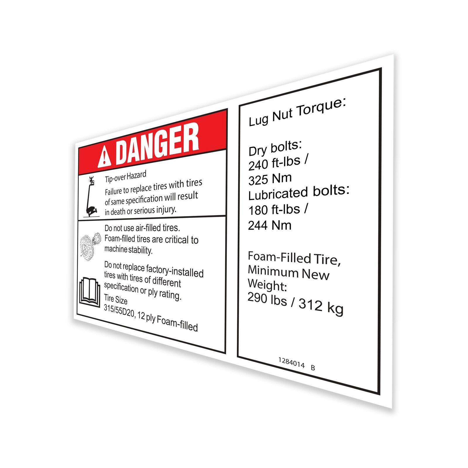 Genie Part # 1284014GT – Decal, Danger/Label, Tire Specs