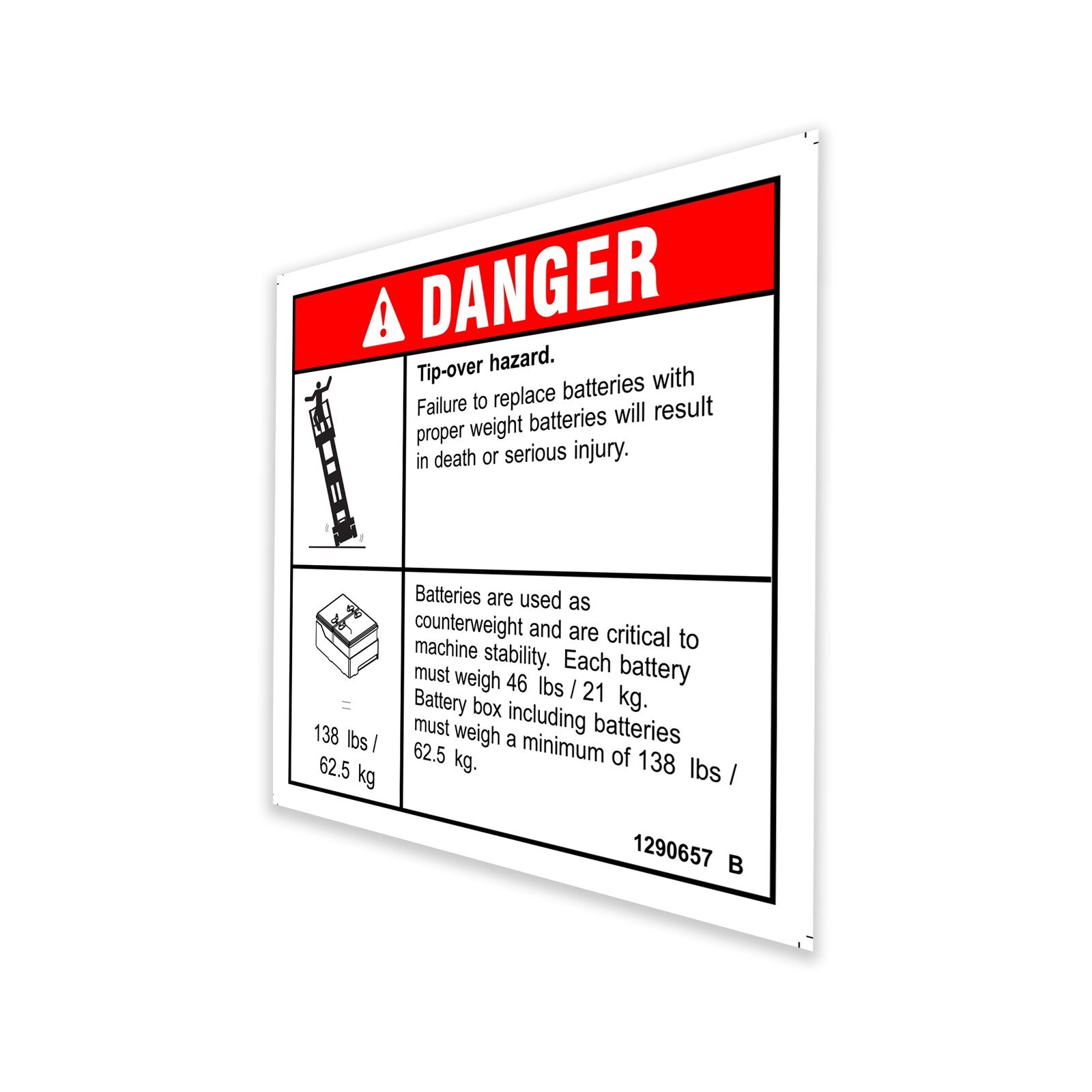 Genie Part # 1290657GT – Decal, Danger Tip Over BATT