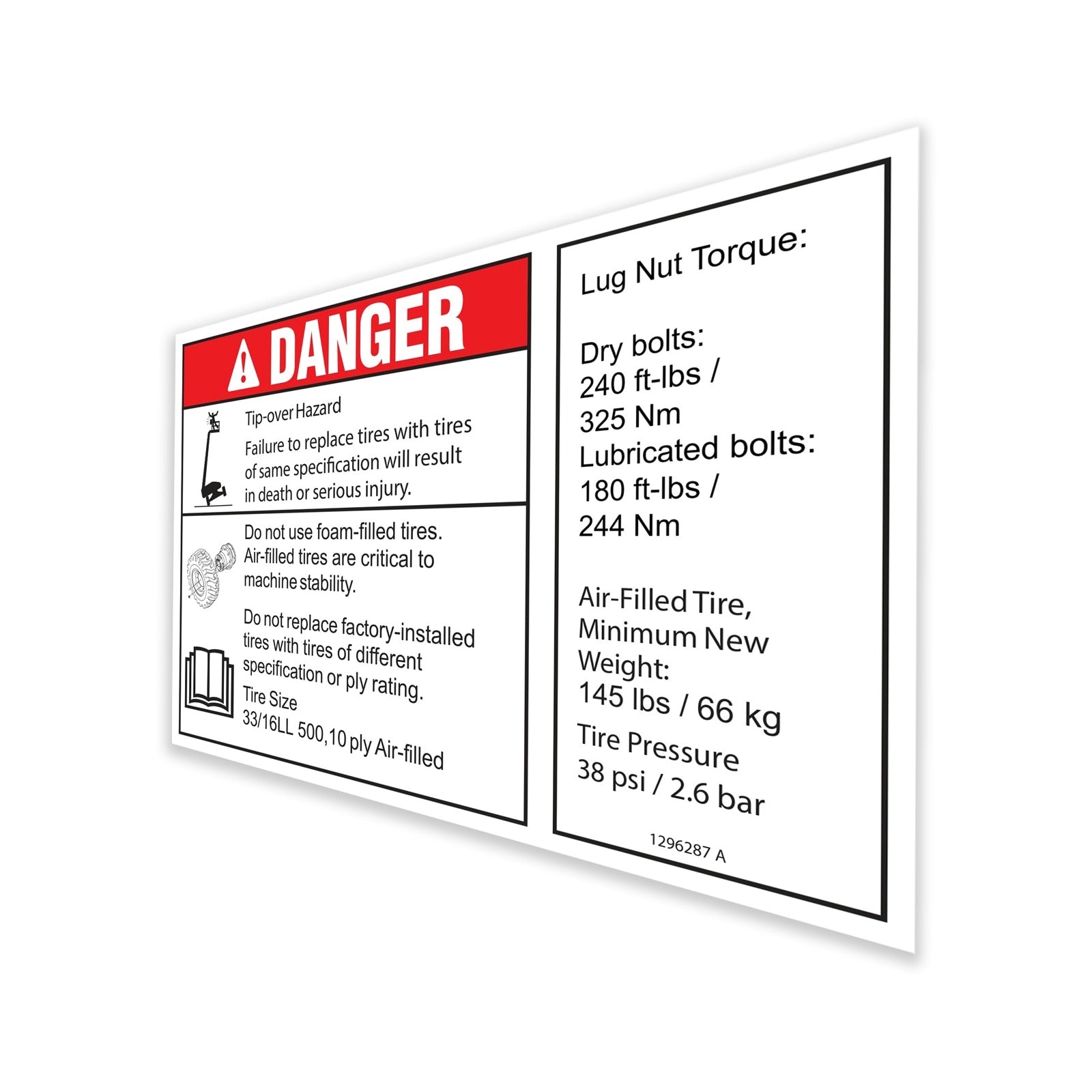 Genie Part # 1296287GT – Decal, Danger/Label, Tire Specs