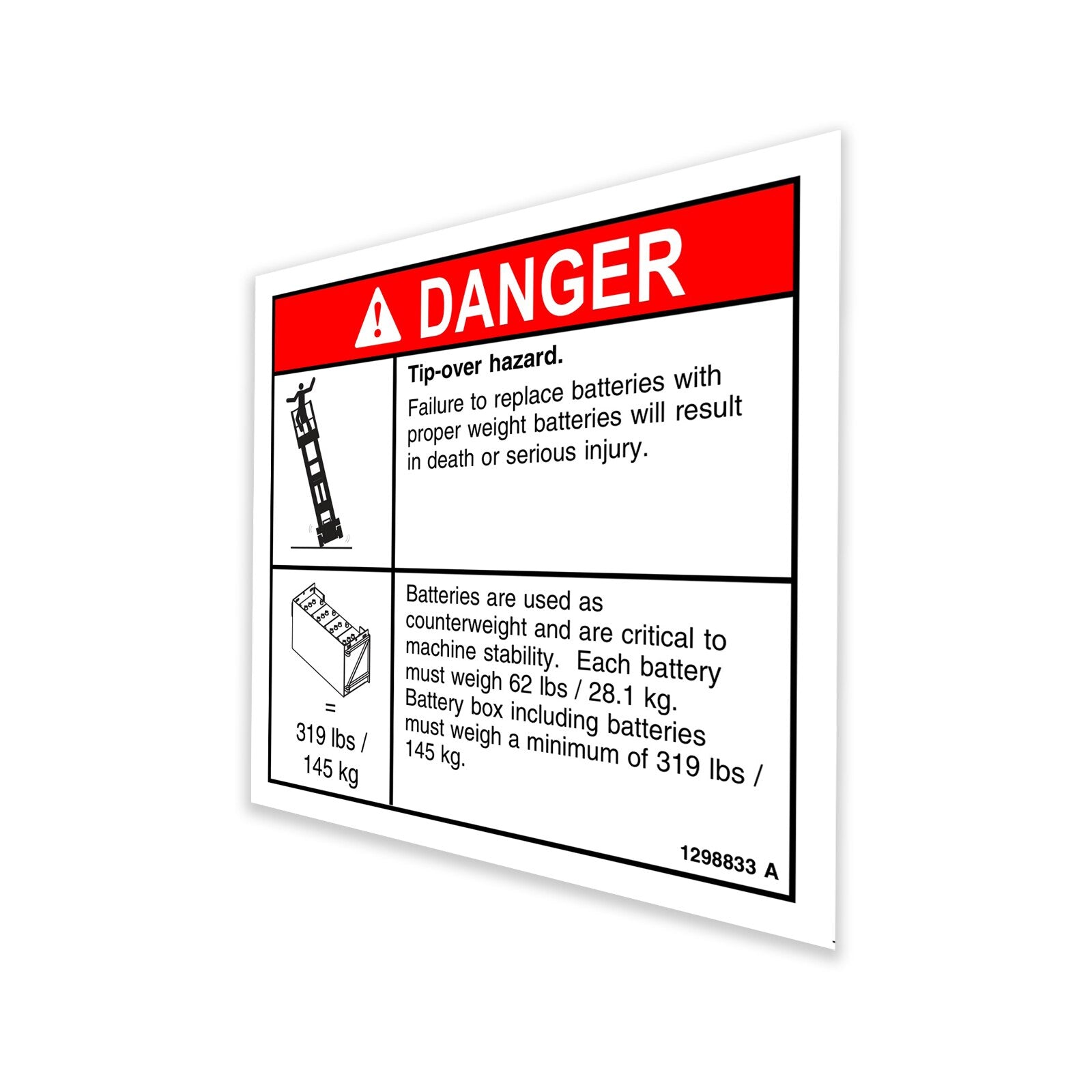 Genie Part # 1298833GT – Decal, Danger, Tip-Over, Battery