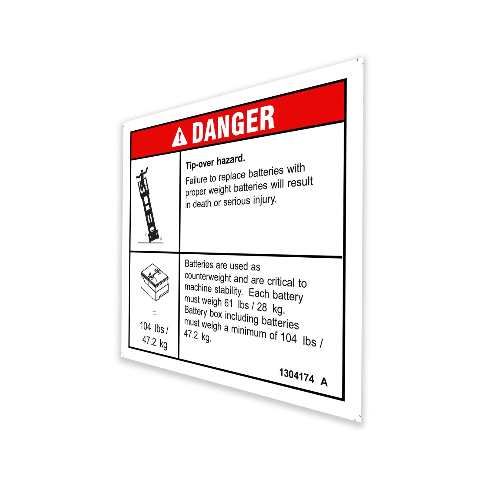 Genie Part # 1304174GT – Decal, Danger-Tip-Over, Batt