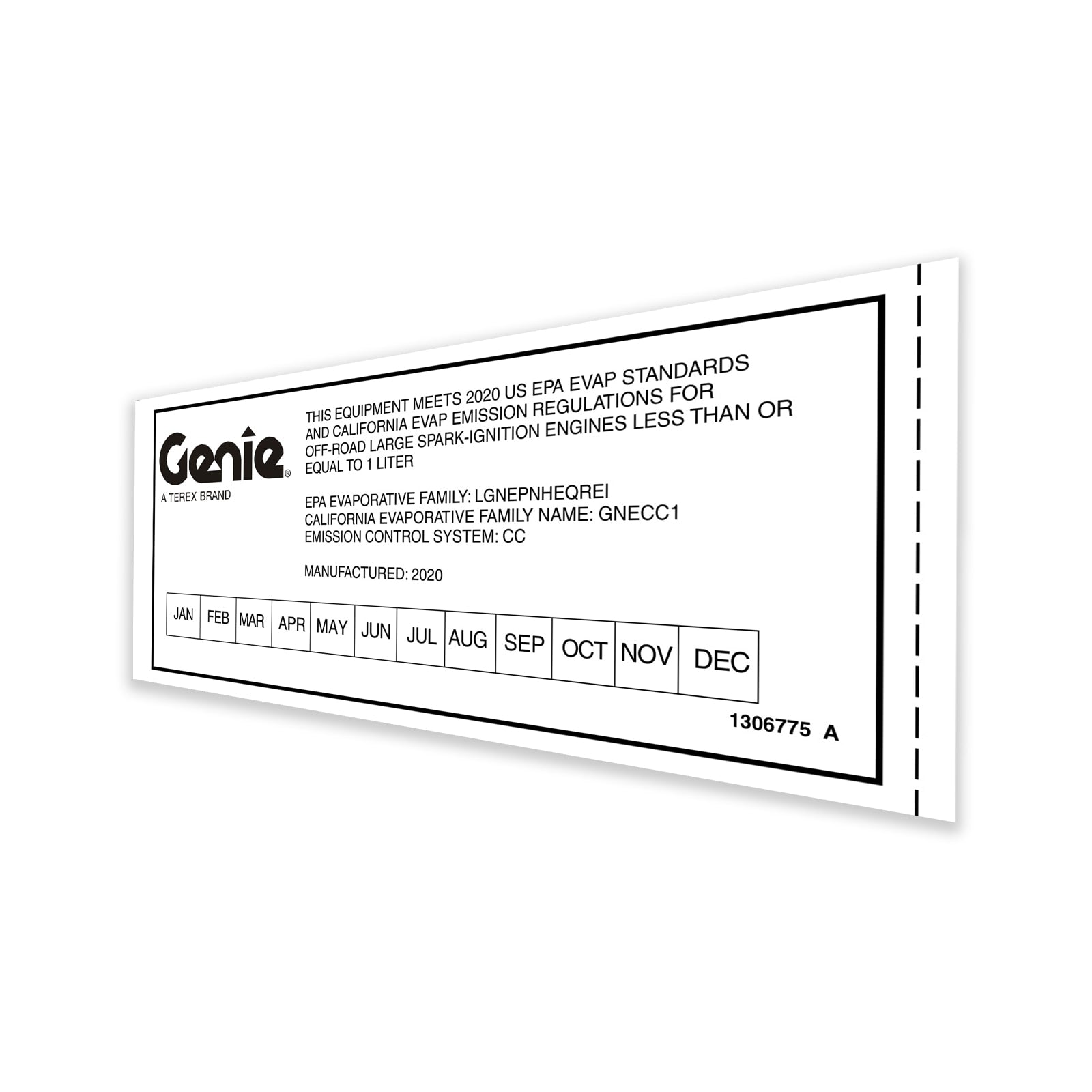 Genie Part # 1306775GT – Decal, Carb, EPA Cert, 2020