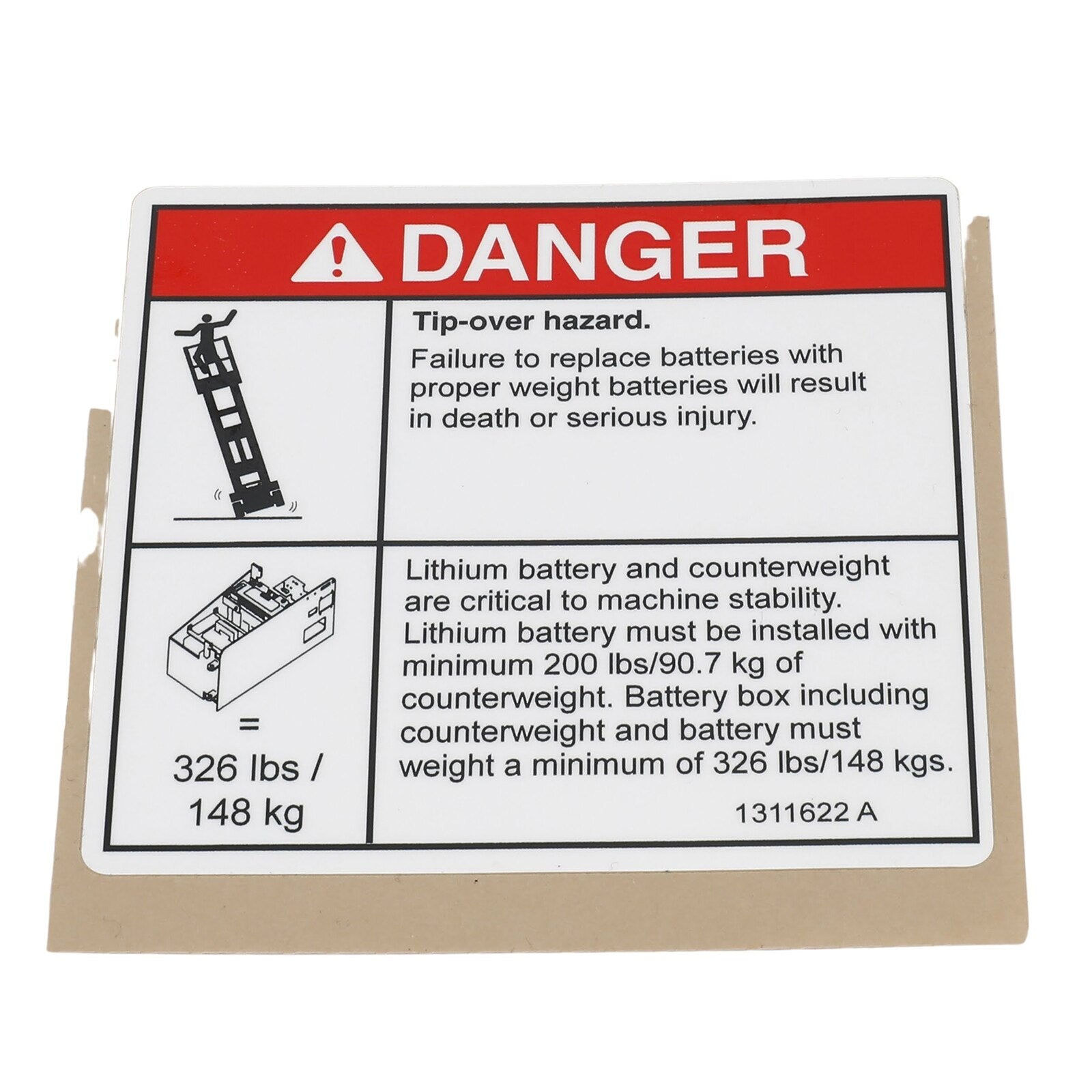 Genie Part # 1311622GT – Decal, Danger, Tip-Over, Li Battery