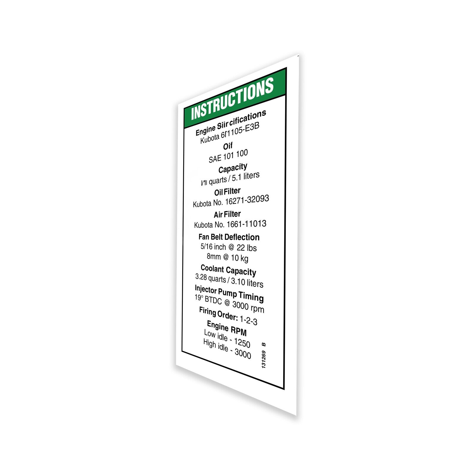 Genie Part # 131269GT – Decal, Kubota D1105, Specs