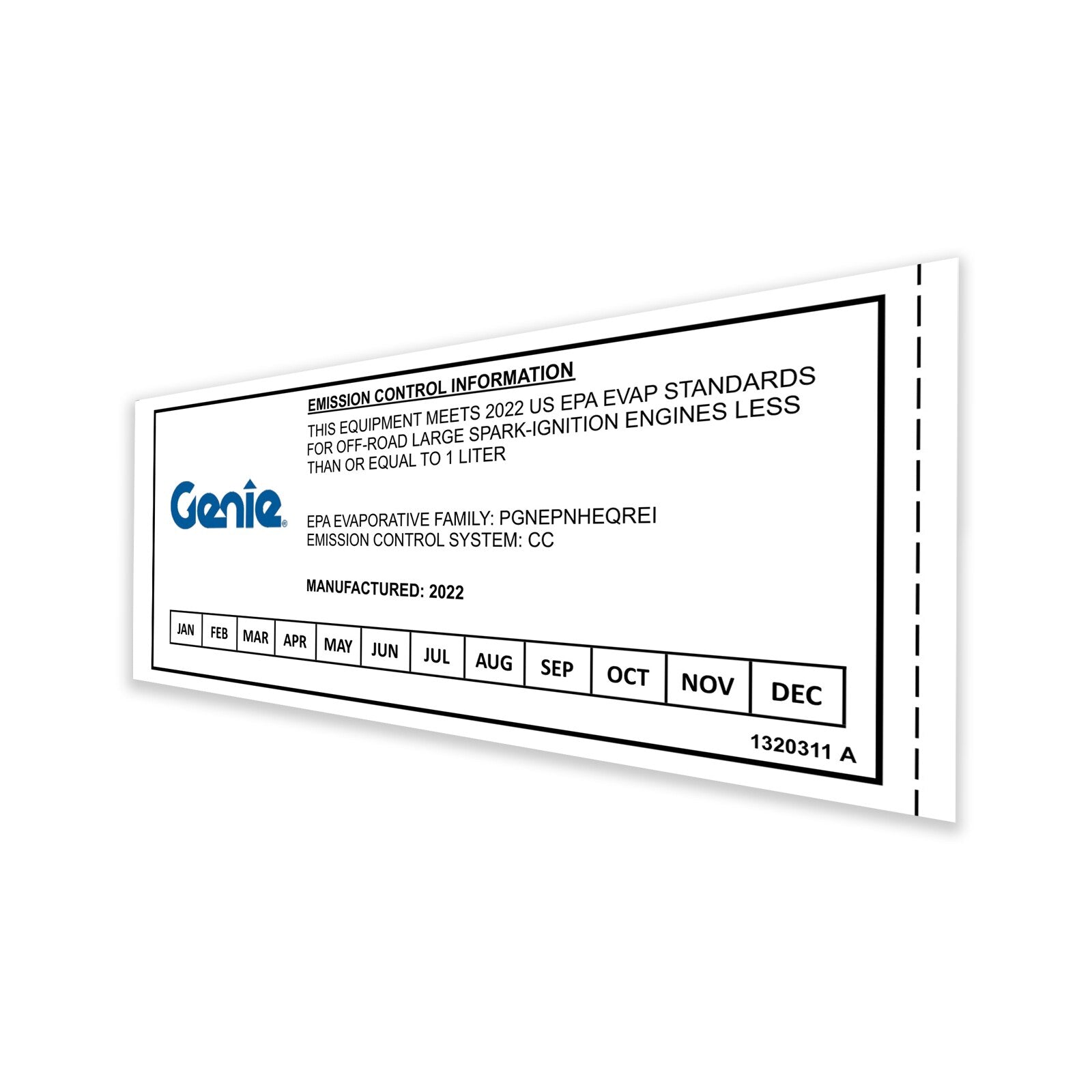 Genie Part # 1320311GT – Decal, Evap Emissions, EPA Cert 2022