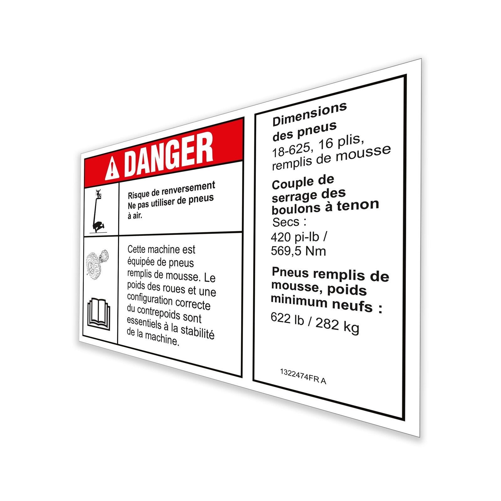 Genie Part # 1322474FRGT – Decal, Danger/Notice, Tirespecs