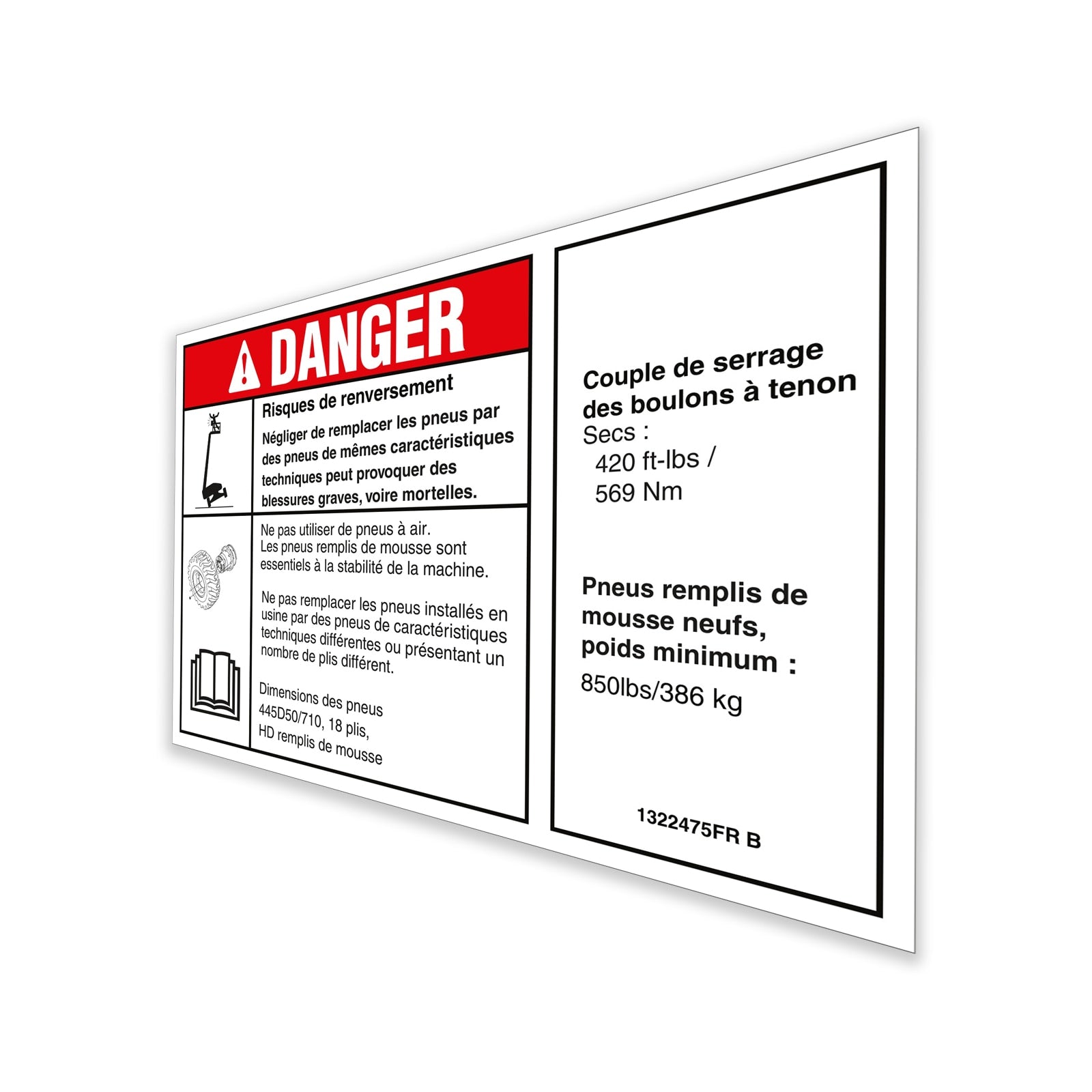 Genie Part # 1322475FRGT – Decal, Danger/Notice, Tire Specs