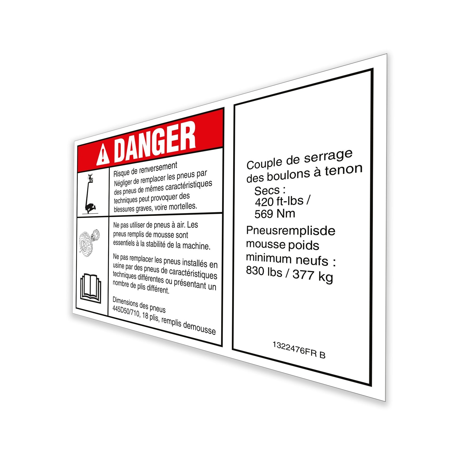 Genie Part # 1322476FRGT – Decal, Danger/Notice, Tirespecs
