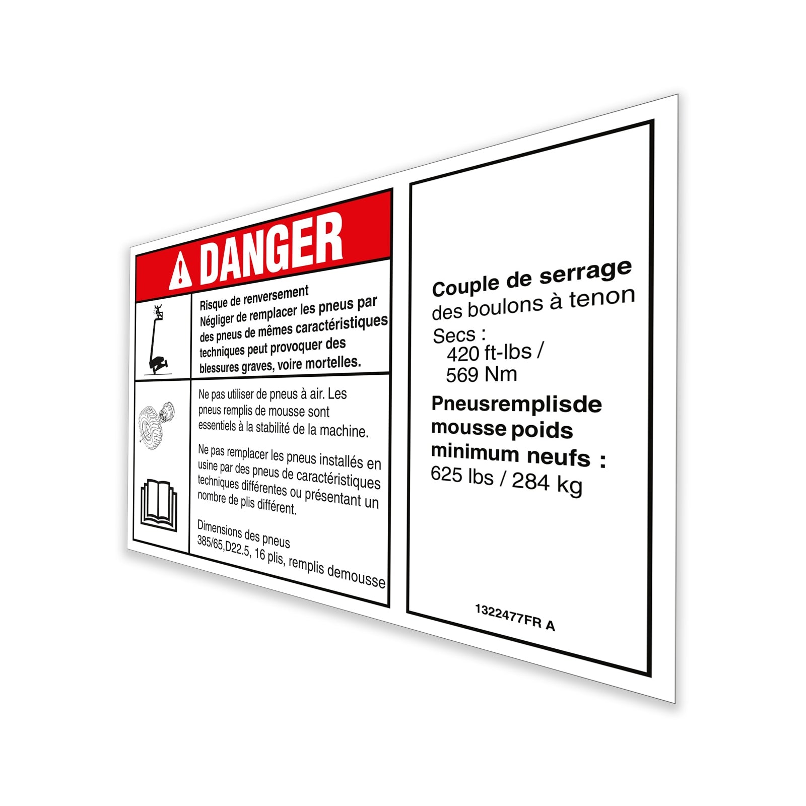 Genie Part # 1322477FRGT – Decal, Danger/Notice, Tirespecs, SX105