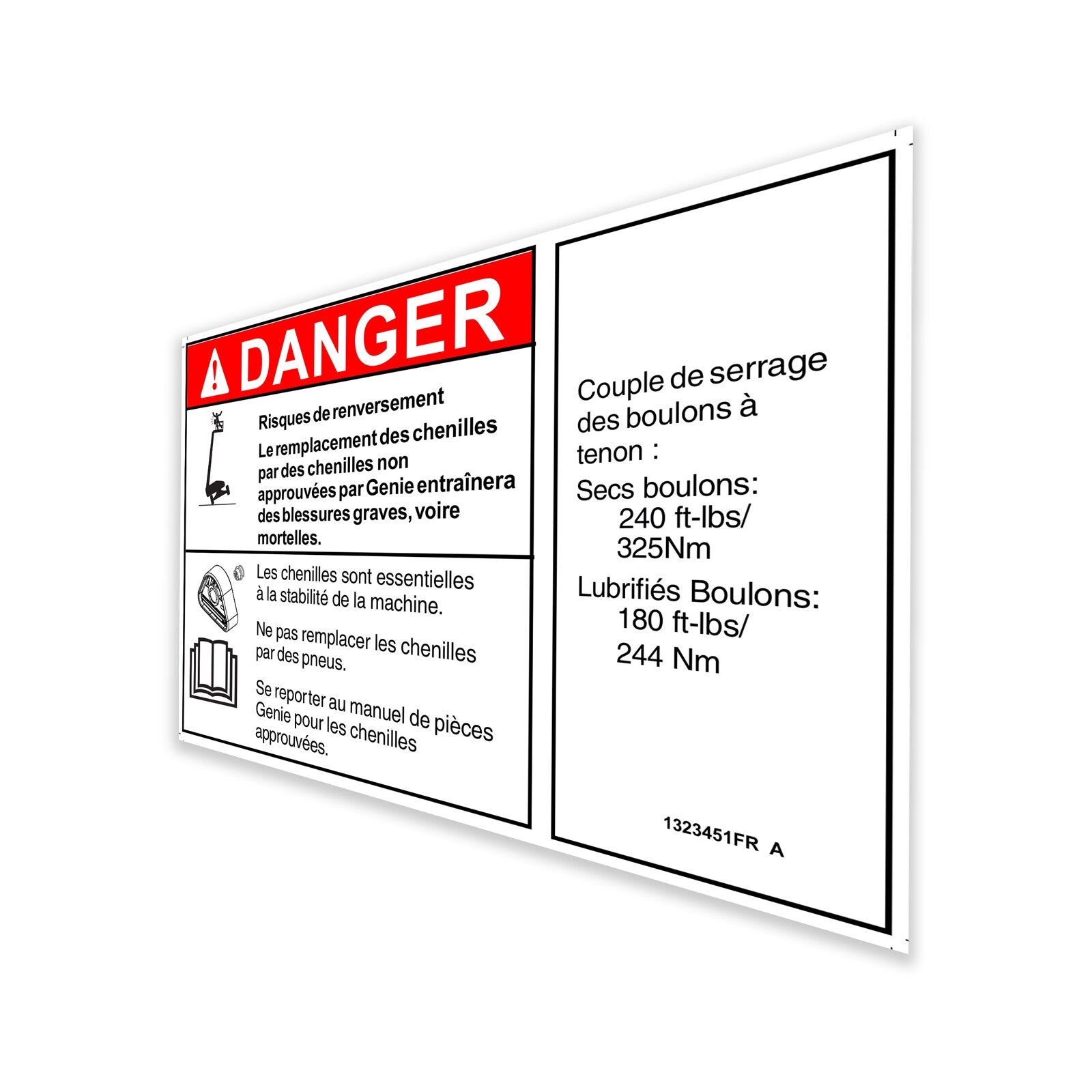 Genie Part # 1323451FRGT – Decal, Danger Tip Over Trax