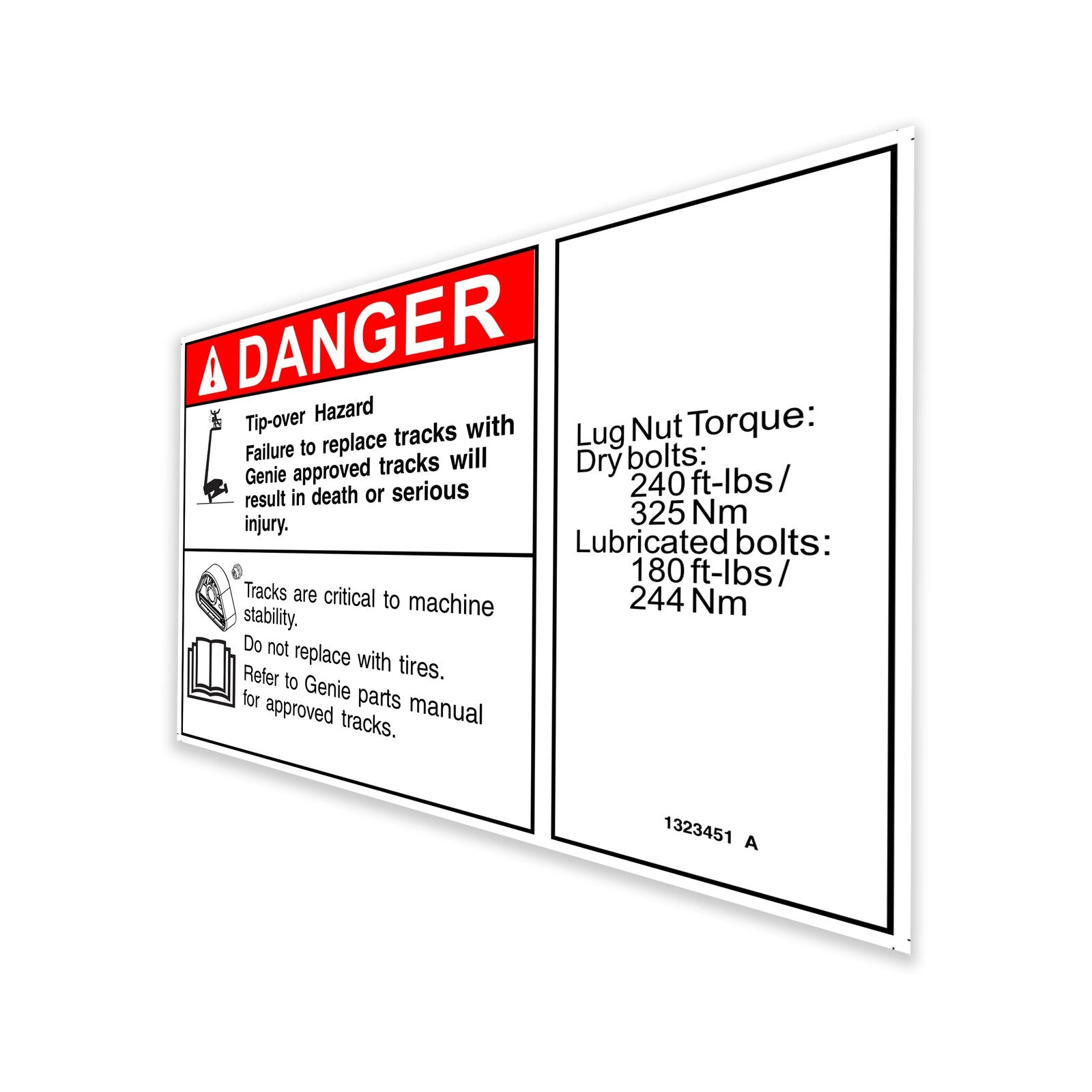 Genie Part # 1323451GT – Decal, Danger Tip Over Trax