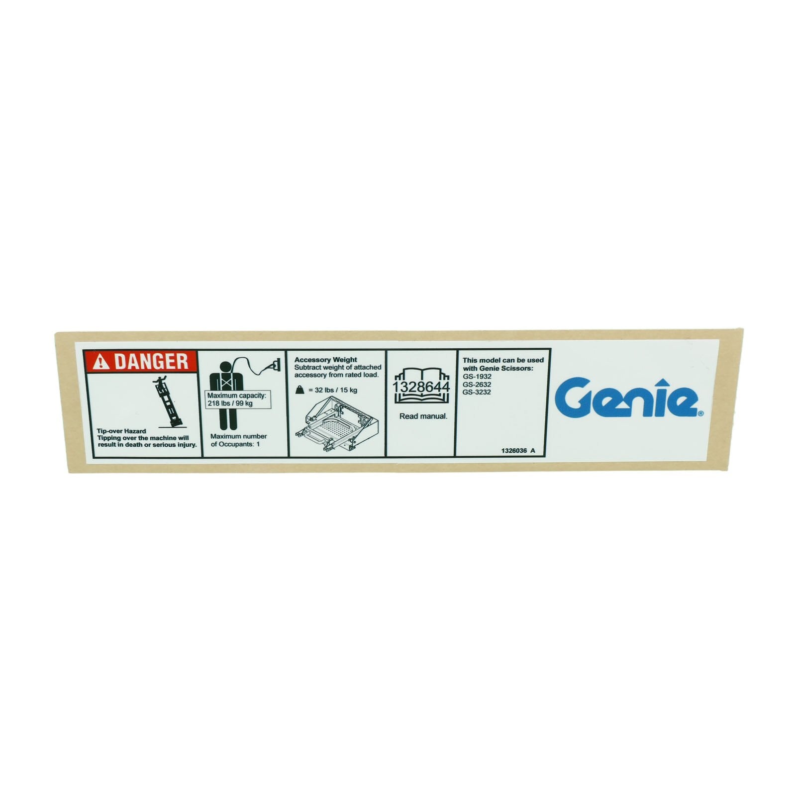 Genie Part # 1326036GT – Decal, Max Capacity, Slab Access Deck WRD
