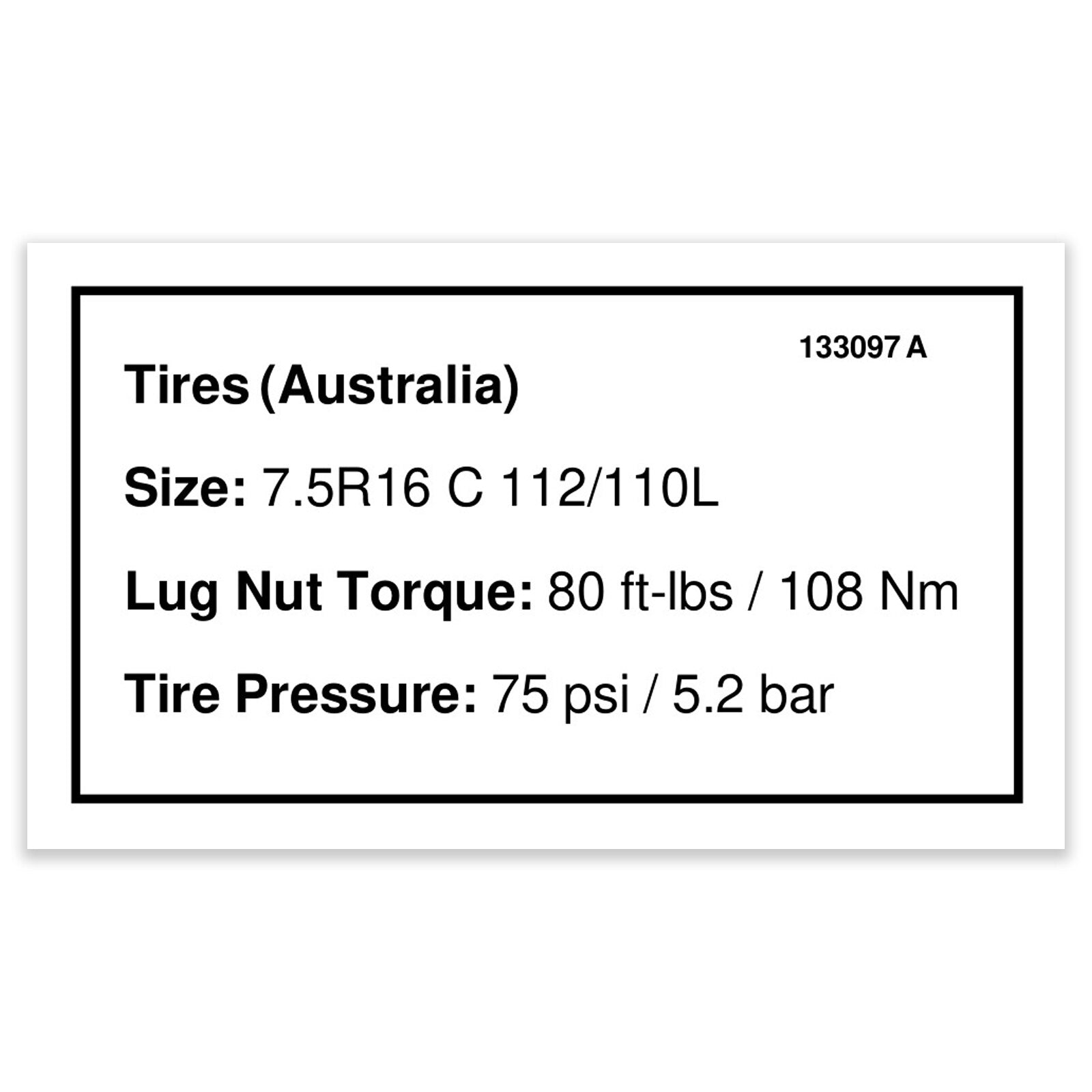 Genie Part # 133097GT – Decal, Label, Tire Specs, Aus