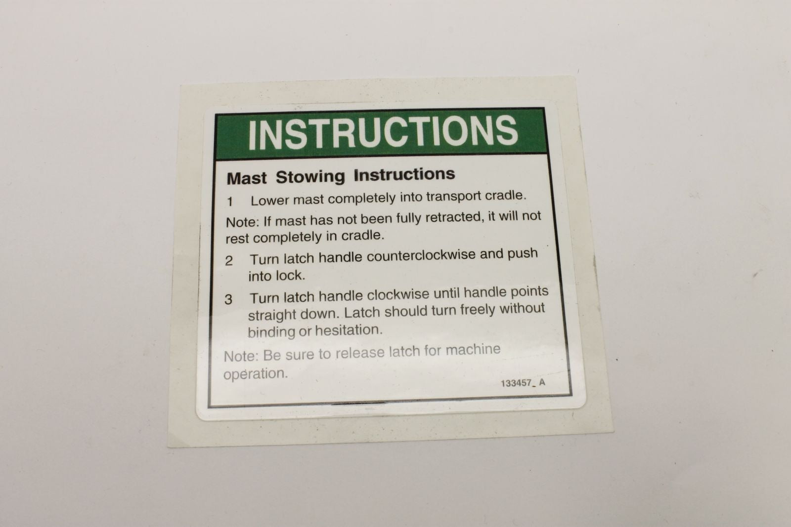 Genie Part # 133457GT – Decal, Mast Stow Instructions