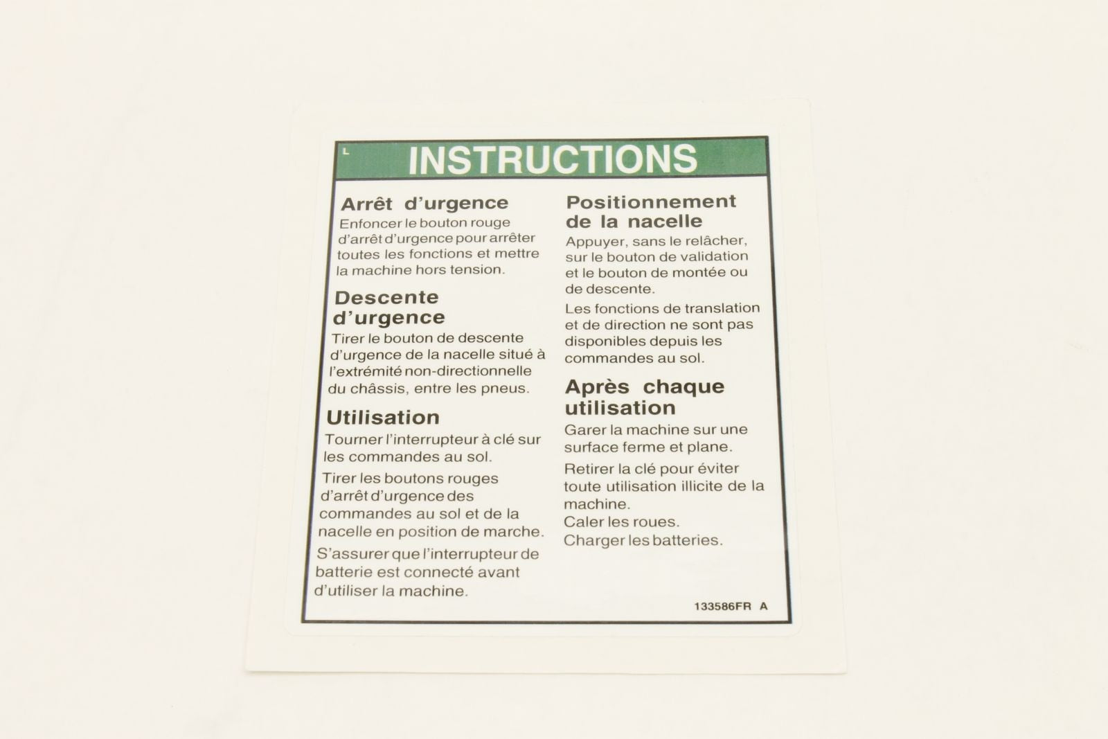 Genie Part # 133586FRGT – Decal, Instructions-Oper, GCP