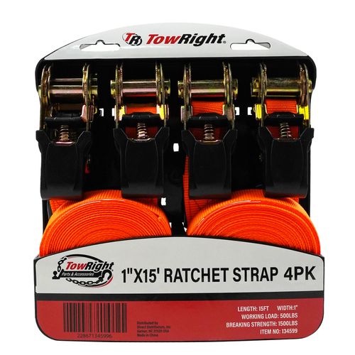 TowRight 1" x 15' Ratchet Strap Set, 4-Pack