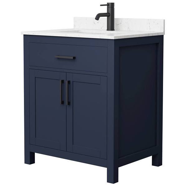 Wyndham Beckett 30" Dark Blue Single Vanity, Carrara Marble Top, Black Trim