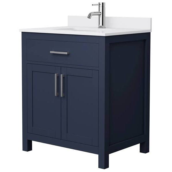 Wyndham Beckett 30" Dark Blue Single Vanity, White Marble Top, Nickel Trim