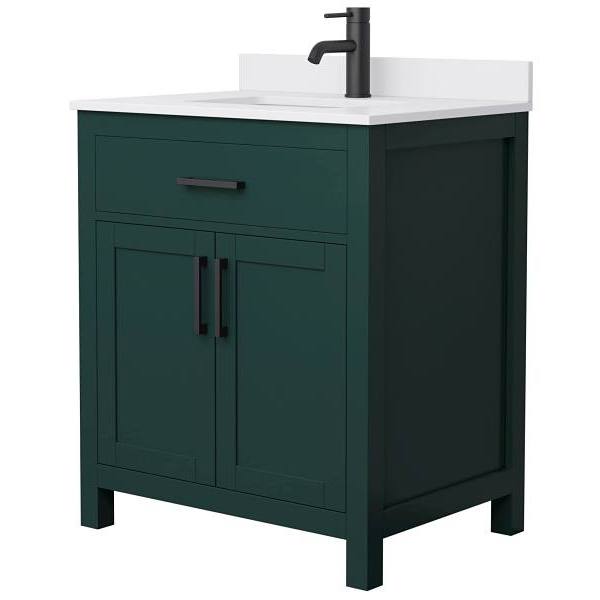 Wyndham Beckett 30" Green Single Vanity, White Marble Top, Black Trim