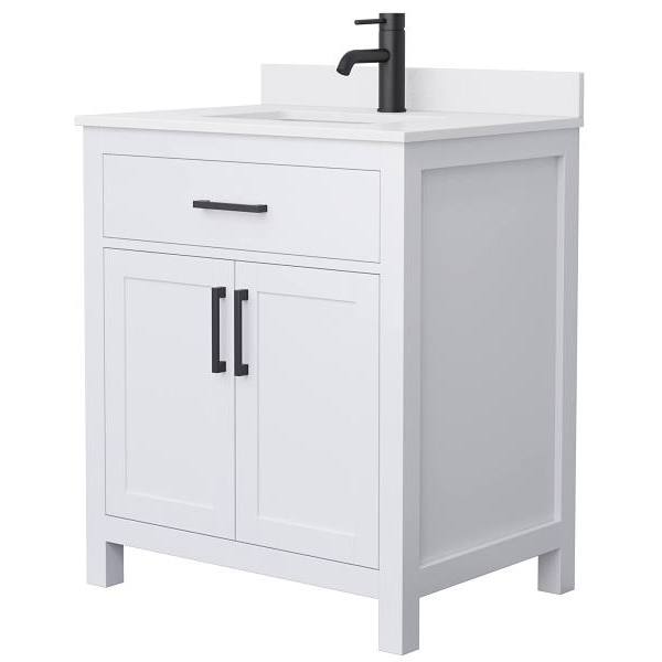 Wyndham Beckett 30" White Single Vanity, White Marble Top, Black Trim