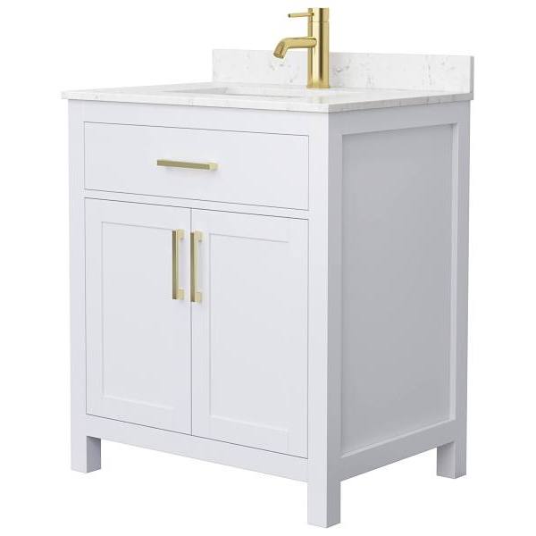 Wyndham Beckett 30" White Single Vanity, Carrara Marble Top, Gold Trim