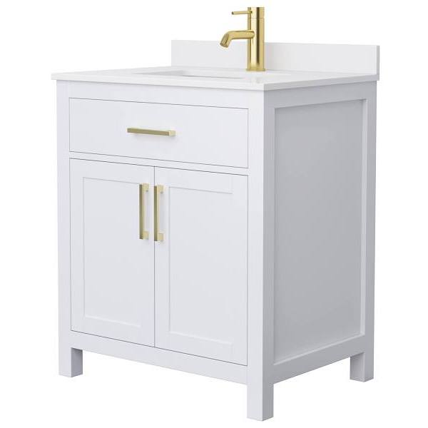 Wyndham Beckett 30" White Single Vanity, White Marble Top, Gold Trim