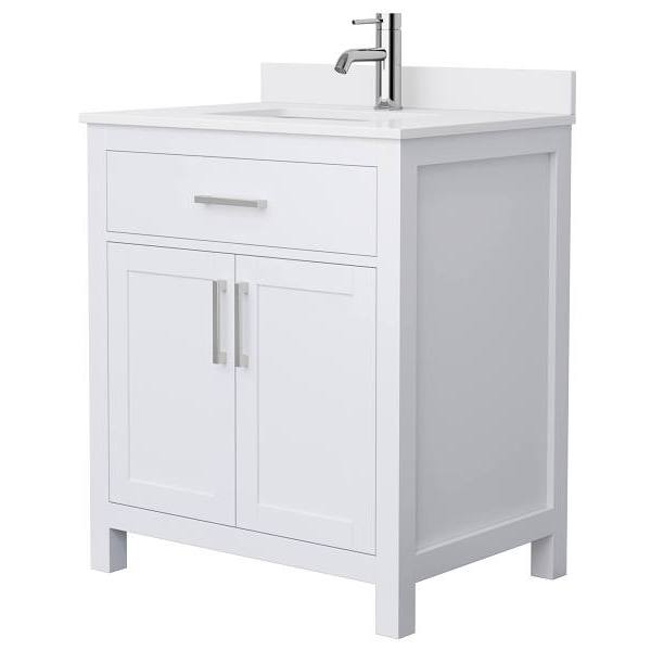 Wyndham Beckett 30" White Single Vanity, White Marble Top, Nickel Trim