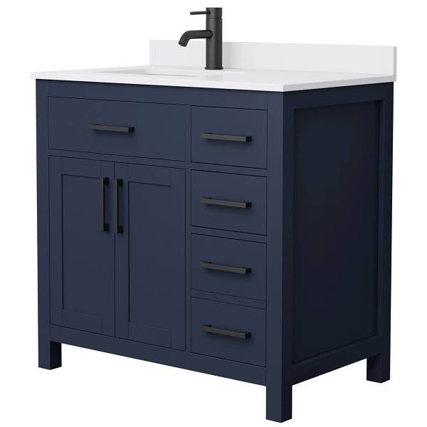 Wyndham Beckett 36" Dark Blue Single Vanity, White Marble Top, Black Trim