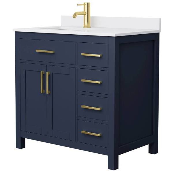 Wyndham Beckett 36" Dark Blue Single Vanity, White Marble Top, Gold Trim