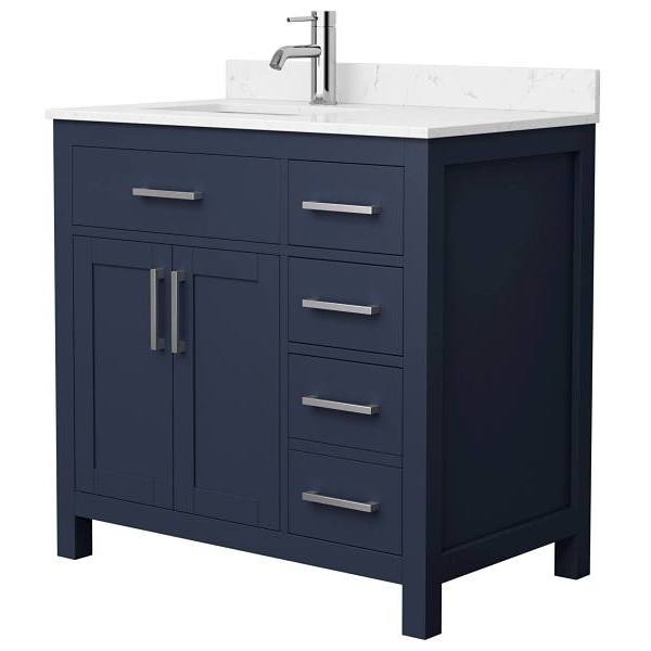 Wyndham Beckett 36" Dark Blue Single Vanity, Carrara Marble Top, Nickel Trim