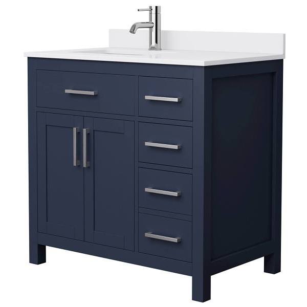 Wyndham Beckett 36" Dark Blue Single Vanity, White Marble Top, Nickel Trim