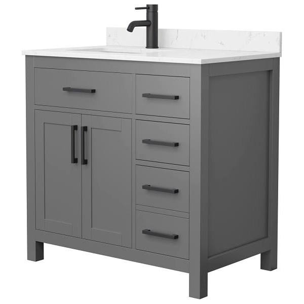 Wyndham Beckett 36" Dark Gray Single Vanity, Carrara Marble Top, Black Trim