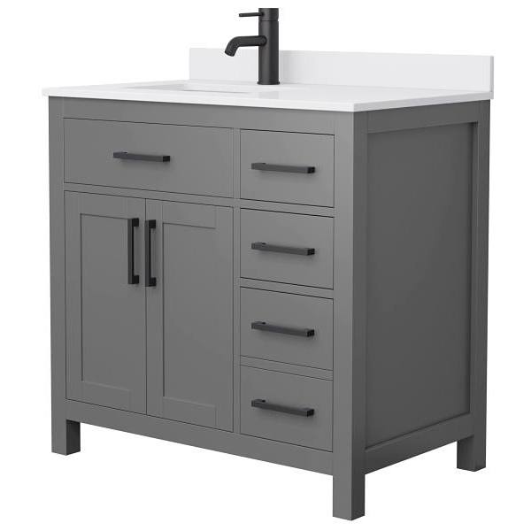 Wyndham Beckett 36" Dark Gray Single Vanity, White Marble Top, Black Trim